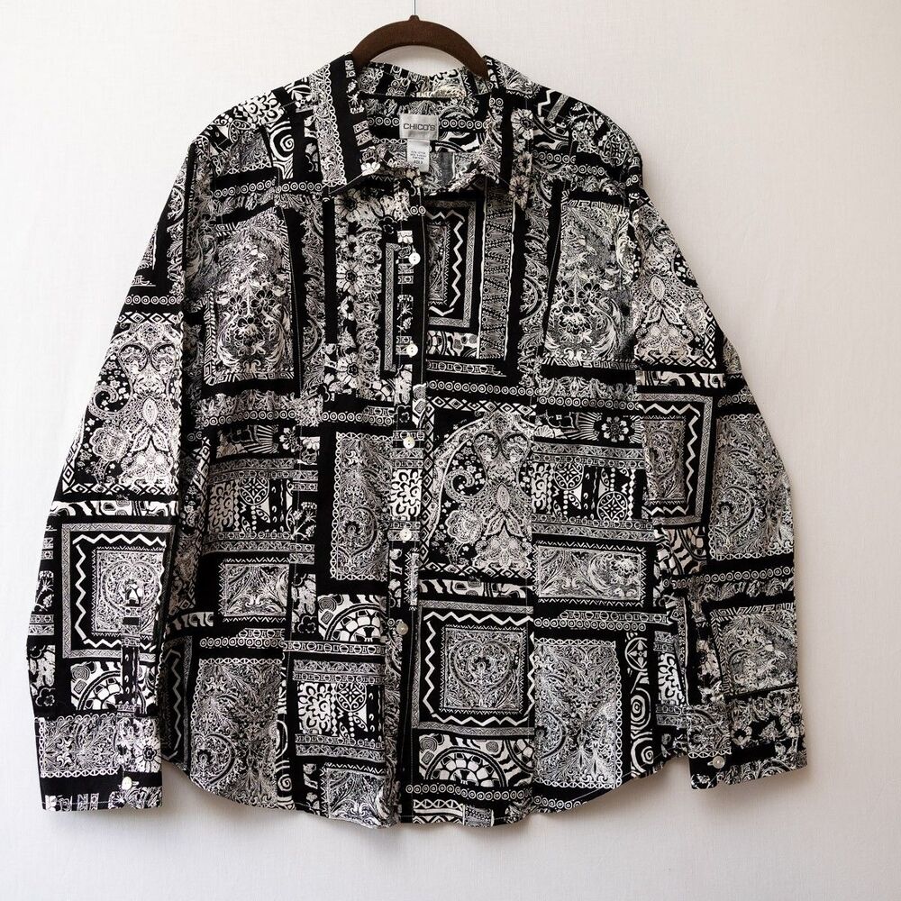 Chico's womens black and white print cotton button down shirt blouse top‎ 3 XL